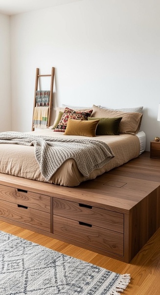 storage bed, platform bed, wooden bed frame, bedroom furniture, bed frame with drawers, new arrival, lifestyle, minimalist, calm, warm, neutral, brown